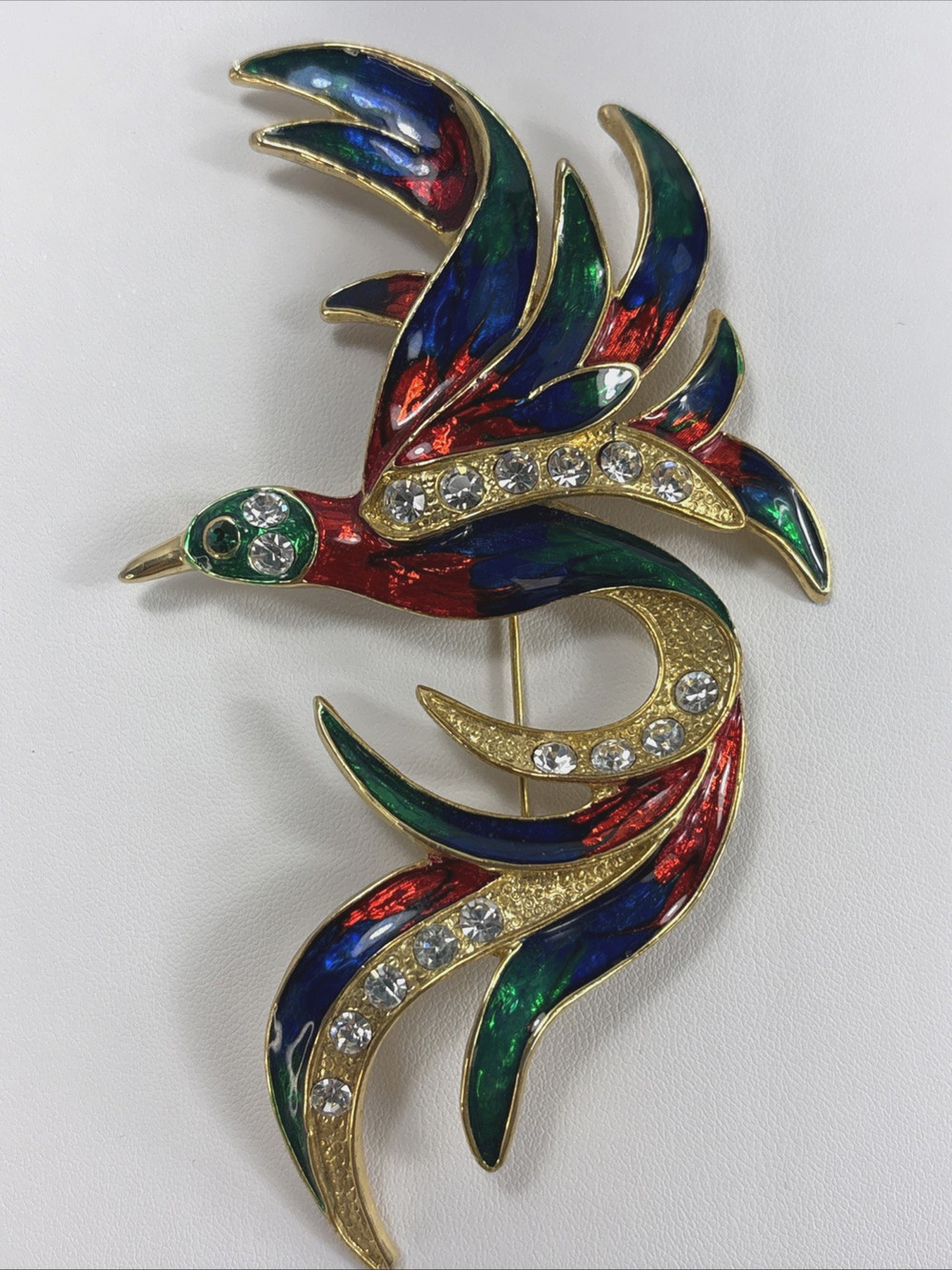 Vintage Multicolor Tropical Bird Enamel and Rhinestone Gold Tone Brooch Pin